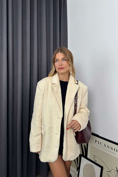 Sue Store Fur Texture Plush Jacket - Ecru Lined and Buttoned