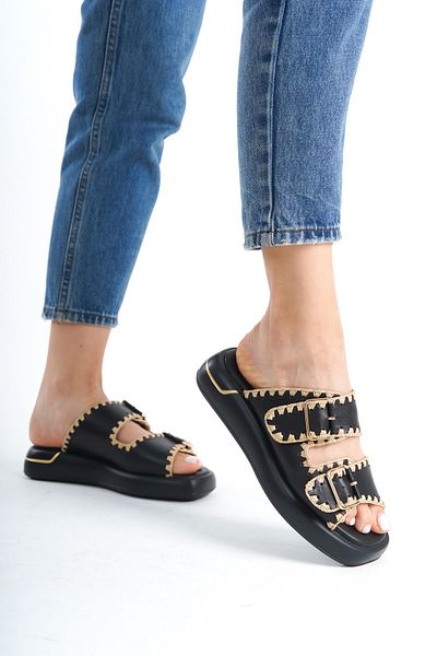 NOSEY SHOES Model Sofia, piele naturală, neagră, cu talpă groasă, tricotat, cu cataramă, papuci de zi cu zi pentru femei