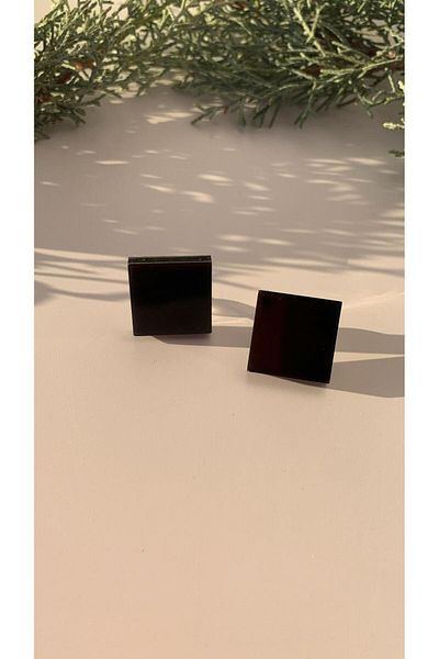 MISS GOLDEN Large Square Epoxy Earrings with Shiny Black Silver Accessories - Gift