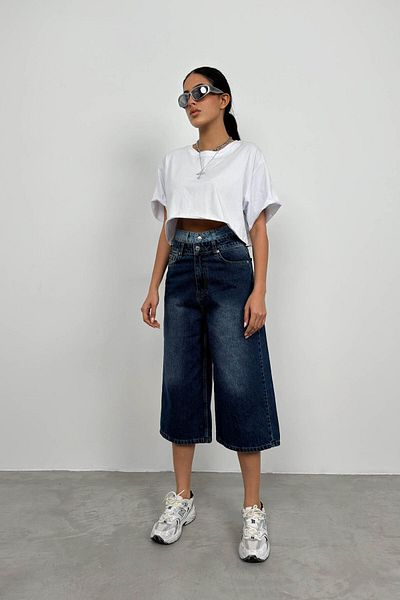 Black Fashion Blue Bermuda Denim Shorts - Double Belt