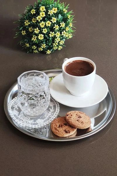farklı evim 21.5cm Round Stainless Steel 6-Piece Serving Tray - Tea, Coffee, Cake Presentation Decorative