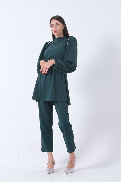 Feminist Emerald Shoulder Stone Detailed Belted Trousers Set - 4672002