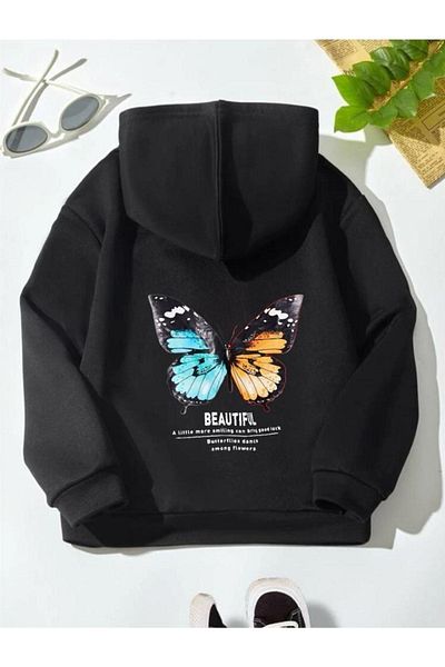 GLOWES Hanorac unisex pentru copii - negru, supradimensionat, imprimat pe spate, cu glugă