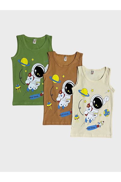 elmas kids Cotton Green Cream Brown 3-Piece Astronaut Patterned Athlete Set for Boy