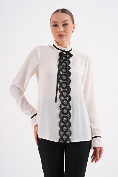 Loom Boutique Plus Size Lace Detailed Cream Crepe Blouse - B0051