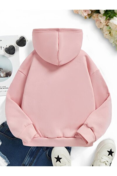 GLOWES Kız Çocuk 3 İplik Pamuklu Oversize Minimal Kalp Baskılı Kapüşonlu Sweatshirt