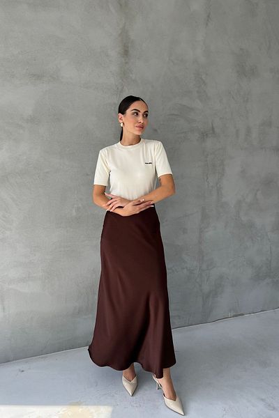 Seda Yalçın Atelier تنورة جرس من الساتان باللون البني - خصر مطاطي