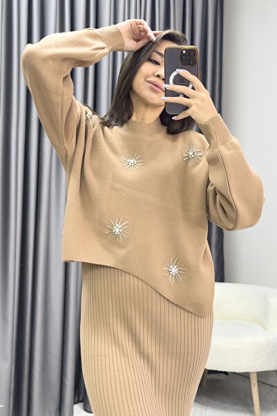 zks grup tekstil Γυναικείο Σετ Πλεκτό Πουλόβερ και Φόρεμα - Πέτρα, Μαύρο, Καφέ