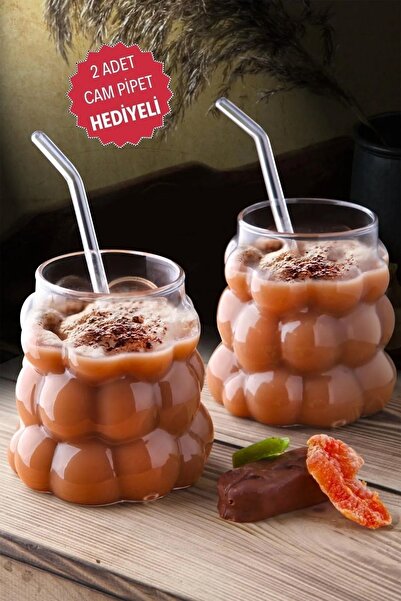 Open Home Concept 2 Adet Üzüm Model Borosilikat Kokteyl ve Soğuk-Sıcak Kahve Bardağı Pipet Hediyeli 350 Ml