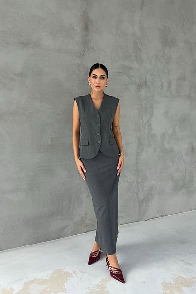 Seda Yalçın Atelier Anthracite Short Belted Vest and Slit Skirt Set