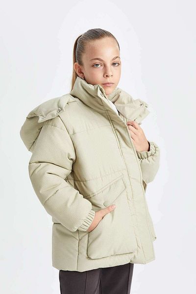 DeFacto Dfc - Girl's Water Repellent Hooded Windproof Ribbed Sleeve Puffer Jacket with Pocket Detail
