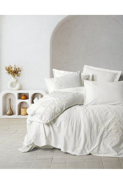 Cotton Box Double 3D Embroidered Satin Duvet Cover Set - Gembira White