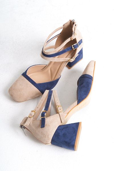 Modabuymus Kissbell Navy Blue and Tan Suede - Thick Heeled Shoes