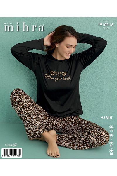 Mihra 19102-16 Black Leopard Patterned Sandy Pajama Set