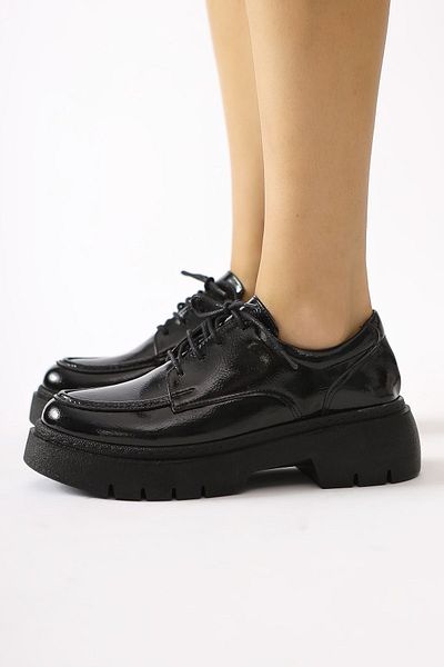 Limoya Callie Black Wrinkled Patent Leather Lace-Up Loafers, Women's Loafer Shoes