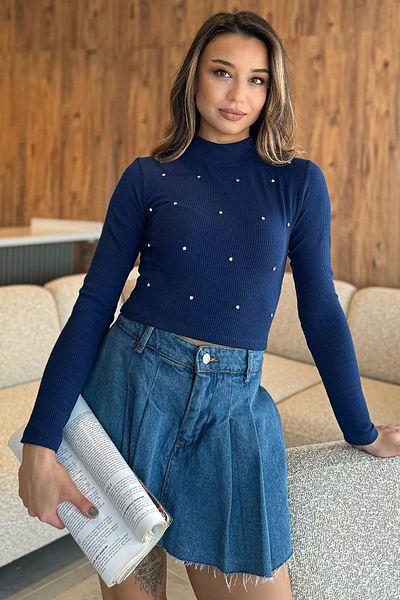 GÜLSELİ Μπλε Navy Crop Top με πέτρινη λεπτομέρεια - Μισό ζιβάγκο