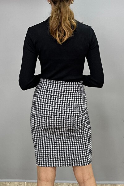 Tam Moda Kadın Kalem Etek Siyah-Beyaz Kaz Ayağı Desenli