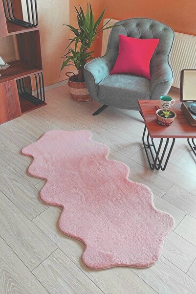 SERİA HALI Seria Halı Pudra Pembe Peluş Post Çift Kafa Yıkanabilir Kaymaz Taban Tavşan Tüyü Halı Yolluk