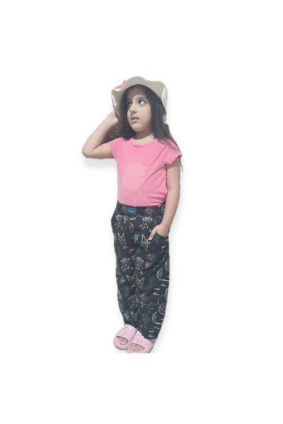 Butik Girl's Black Background Floral Print Side Pocket Pajamas