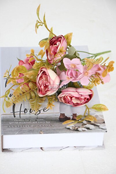 Yapay Çiçek Deposu Yapay Mini Garnitürlü Şakayık-Ortanca Demeti Gül Kurusu