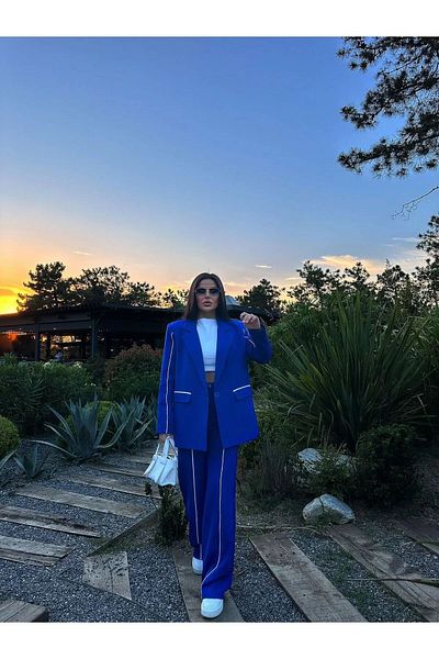 Bella Breeze Jachetă Blazer Damă Detaliată în dungi Palazzo Pantaloni Costum