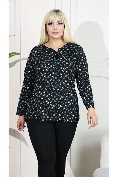 HÜLYA BUTİK Plus Size Black Green Puppy Pattern Prevailing Collar Blouse