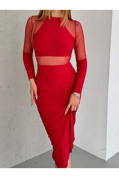 SUSEEMODA Tül Detay Kalem Elbise Kırmızı