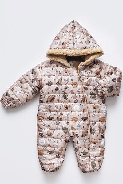 Mika Bebek & Çocuk Beige Rocket Jumpsuit for Baby Boy - Space Figure, Plush Hood
