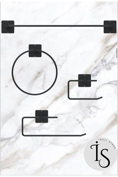 İNALİ STORE Siyah Yapışkanlı 4 Lü Banyo Seti Uzun Havluluk Yuvarlak Havluluk ...