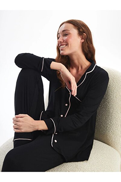 LC Waikiki DREAM Yeni Siyah Gömlek Yaka Düz Uzun Kollu Kadın Pijama Takımı