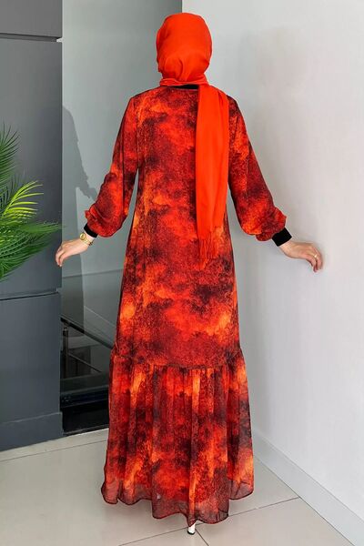 julude Patterned Tile Frilly Crew Neck Chiffon Hijab Dress