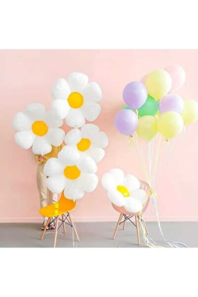 PARTİ AŞKI Papatya Folyo Balon 71*71 Cm Büyük Boy Beyaz Sarı Renkli - Çiçek Temalı Doğum Günü Parti Balonu