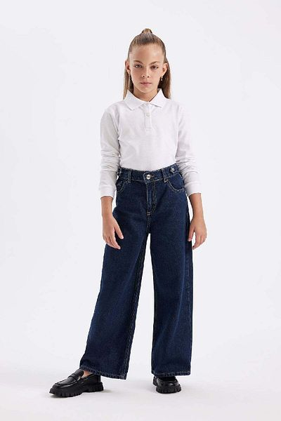 DeFacto Tricou polo alb pentru fete, uni, de bază, piqué, cu mânecă lungă, pentru școală J0010a624au