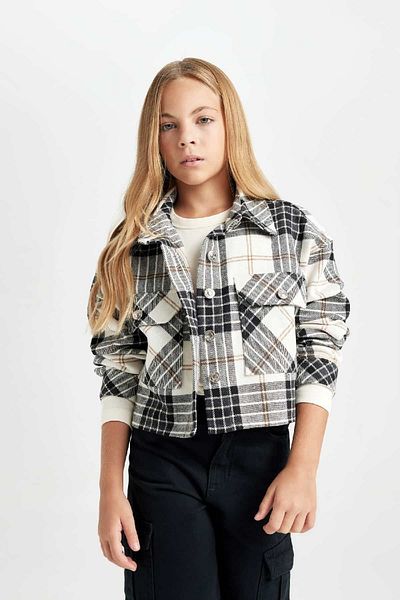 DeFacto Girl's Crop Checkered Long Sleeve Double Pocket Shirt Jacket D2660A824Au