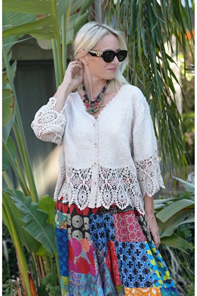 Gici by G Gici Çiçek Desen Dantelli Keten Bluz