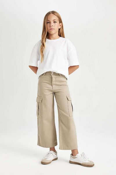 DeFacto Girl's Cotton Wide-Leg Trousers - Cargo Pocket and Pocket C8778A824Au