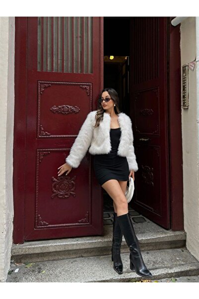 BE CHİC Short Crop Women's Jacket - Lined and Imported Fur Bt1007