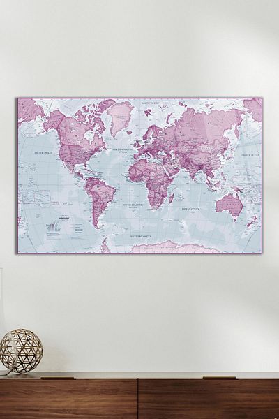 Vosevu Pink World Map Glass Painting, Modern Home and Office Decor, Gift Wall Decoration, Shatterproof Glass