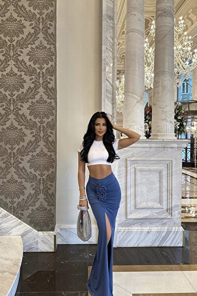 Eyyo Indigo Mattheo Rose Detail Long Skirt Ate-0851