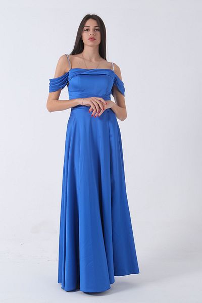 Feminist Blue Satin Evening Dress - Stone Strap, Low Sleeve 0806118