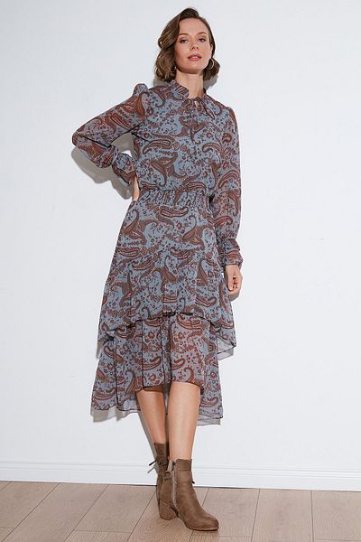 Lela Flounced Chiffon Midi Φόρεμα - Λεπτομέρεια γιακά με κανονική εφαρμογή, ΦΟΡΕΜΑ 611EL1448