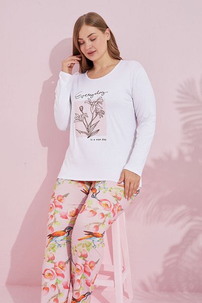 Siyah İnci White Multicolor Cotton Curve Large Size Oversize Knitted Pajamas Set 24240738
