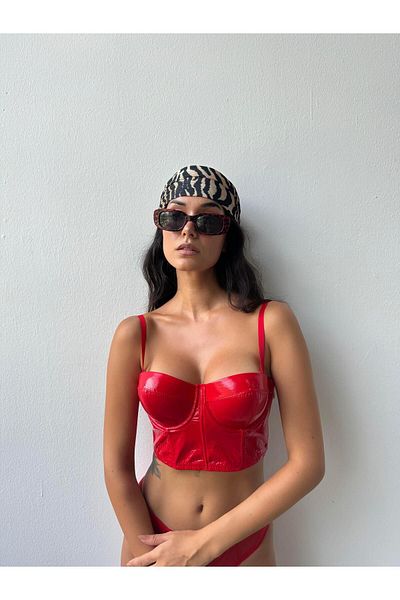 Cansoy Glossy Supported Red Leather Bustier Suit (680t)