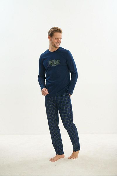 Sevim Navy Blue Men's Pajama Set - Long Sleeve, C6T1N4O9