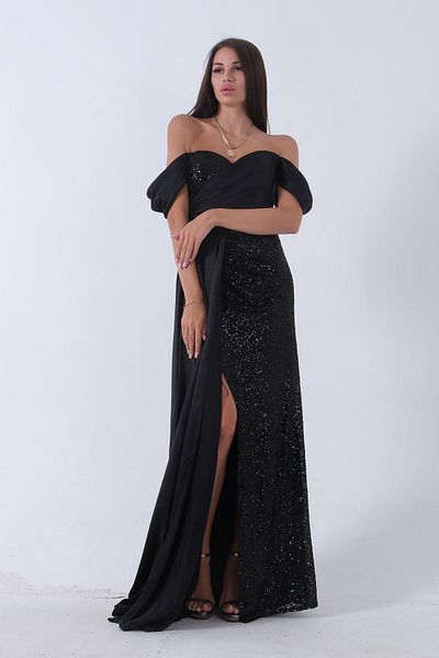 Feminist Sequin Detailed Slit Evening Dress Black 9705321