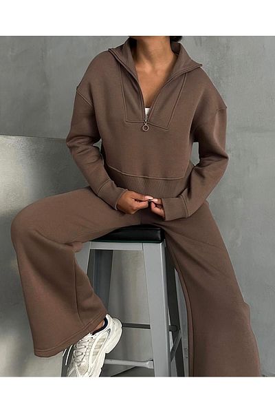 Machetta Plus Size Half Zipper Crop Sweatshirt and Sweatpants - 3 Thread Double Set
