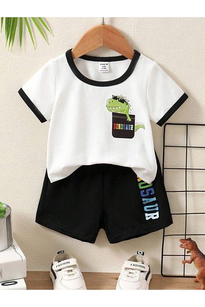 GLOWES Unisex Kids Digital Dinosaur Colorful Detail Printed Shorts Suit