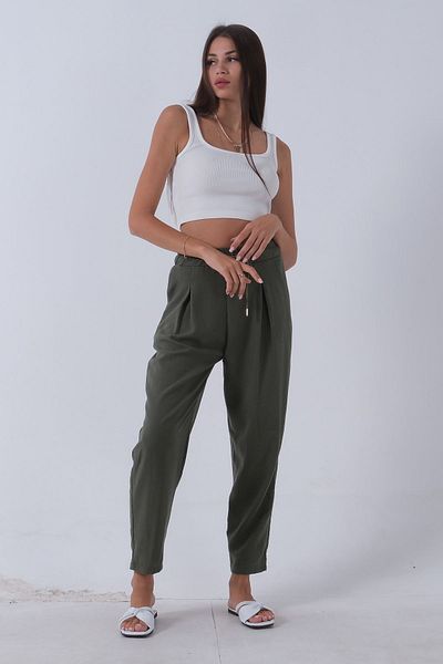 Feminist Emerald Linen Trousers - Elastic Waist 3970412
