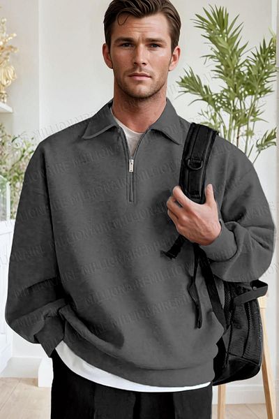 Millionaire Men's Anthracite Half Zipper Polo Collar 3 Thread Fleece Inside Ribbon Oversize Sweatshirt