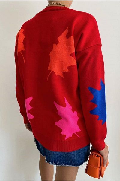 WOMAN VISION Red Leaf Patterned Oversize Knitwear Women's Sweater - 0162